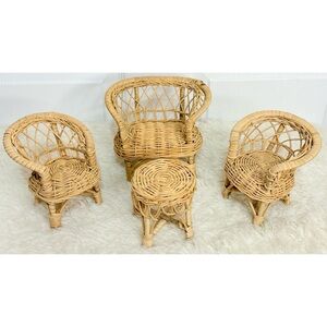 Vintage 70s Wicker Doll House Furniture Set~ Loveseat Chairs Table